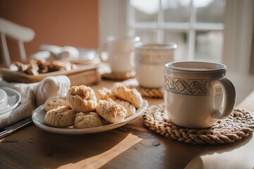 Cozy Morning Scene with Freshly Baked Cookies and Coffee Mug