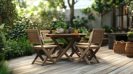 Outdoor wooden patio dining table set with four matching folding chairs and a lush garden background featu greenery plants and trees for relaxing meals