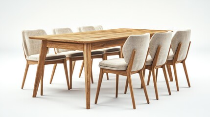Fototapeta premium Modern wooden dining table set with eight upholstered fabric chairs in a minimalistic bright room for contemporary dining and interior design decoration