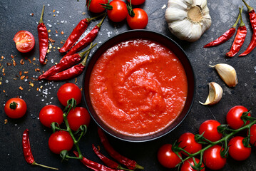 Homemade spicy tomato sauce with ingredients for making. Top view with copy space.