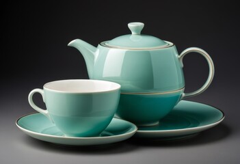 The saucer has a teapot and cup