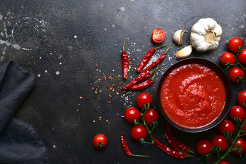 Homemade spicy tomato sauce with ingredients for making. Top view with copy space.