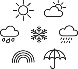 Simple doodles of weather drawings sun, cloud, rain, snowflake, rainbow, umbrella, wind swirl, thermometer