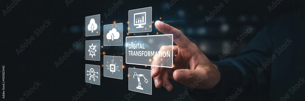 Aufkleber digital transformation displayed on a touch screen.