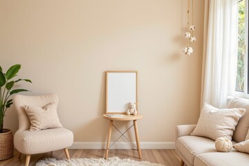 Cozy and Minimalistic Living Room with Neutral Tones and Soft Textures for Relaxation