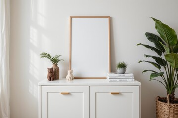 Minimalist Interior Decor with Frame, Plants, and Figurines in Bright Living Space Design