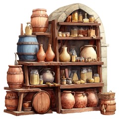 Rustic Wooden Shelves Filled with Vintage Barrels, Jars, and Pottery. A charming still life of antique food storage.