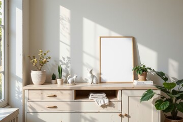 Bright and Cozy Interior with Minimal Decor, Plants, and Blank Frame on Wooden Sideboard