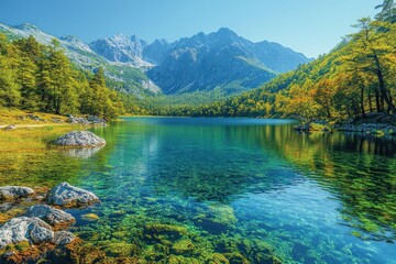 Serene mountain lake reflecting vibrant autumn foliage.