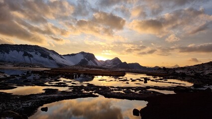 Golden Sunrise on a Lake in the Andes, Ausangate Trek, Peru