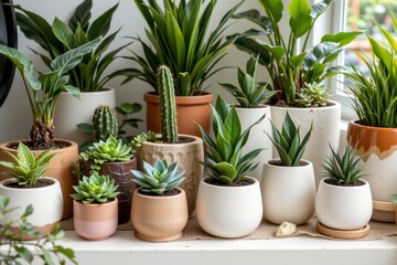 Obraz premium Green Indoor Plants Collection in Decorative Pots on a Bright Windowsill