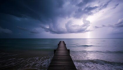 Wooden Pier Leading Into Stormy Ocean with Distant Lightning Strike