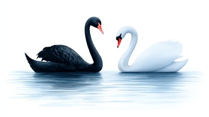 Black and White Swans on Water - A black swan and a white swan gracefully swim side-by-side on calm water, creating a visually striking contrast