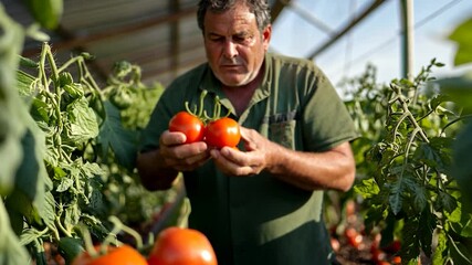 A man harvests ripe red tomatoes in a greenhouse. Sunlight illuminates the scene, highlighting the vibrant colors of the tomatoes and the green foliage. He carefully picks the tomatoes, showcasing