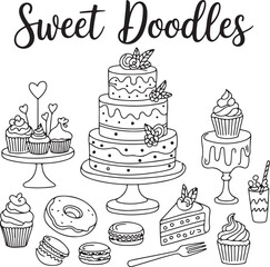 Sweet doodles layered wedding cake, cupcakes, macarons, cookies, dessert table, slice of cake, donut, whipped cream, fork, cake topper