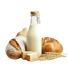 Nourishment: A rustic composition presents a loaf of artisanal bread, complemented by a bottle of fresh milk and stalks of wheat, embodying the essence of natural sustenance.