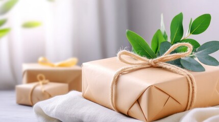 Eco-Friendly Gifts: Close-up of natural and rustic gift wrapping in craft paper with green leaves and twine, highlighting eco-conscious and sustainable gift giving practices.