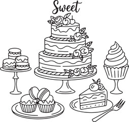 Sweet doodles layered wedding cake, cupcakes, macarons, cookies, dessert table, slice of cake, donut, whipped cream, fork, cake topper
