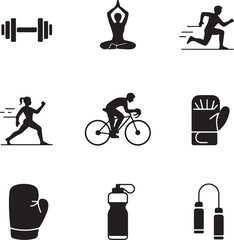 Vector icons of fitness activities dumbbell, yoga pose, running, cycling, boxing glove, water bottle, jump rope, workout icons, fitness symbols