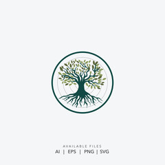 Vibrant Green Tree with Strong Roots in Circle     Emblem Holistic Life Tree Icon with Interconnected Roots