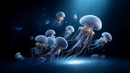 Naklejka premium Ethereal underwater photography of glowing bioluminescent jellyfish in deep sea ocean night scene