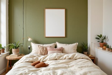 Cozy Bedroom with Green Accent Wall and Minimalist Decor in Modern Interior Design Style