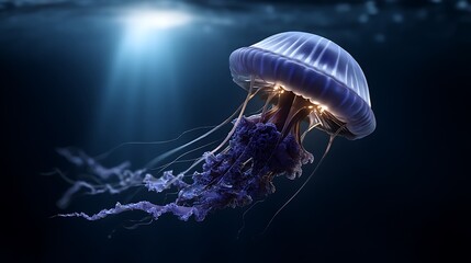 Fototapeta premium Ethereal underwater scene of glowing jellyfish in dark ocean bioluminescent marine life photography