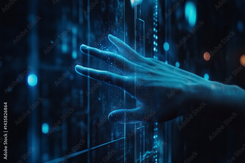 Aufkleber vertical high-resolution realistic photo of a finger scan on a digital screen, dark background with 