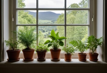 Fototapeta premium The window sill has many potted plants