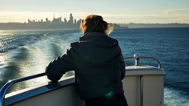 Sailing through tranquility towards a majestic city skyline at sunset on a beautiful day Generative AI