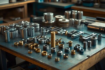 Close-up of metal nuts and bolts on a workbench in an industrial workshop, hardware and tools