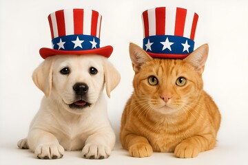 Patriotic Pets: White Labrador Puppy and Orange Tabby Cat in American Flag Top Hats (puppy, kitten, labrador, tabby, flag, Fourth, July, celebration)

