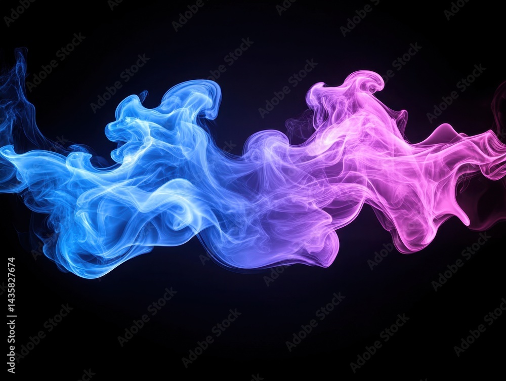 Poster abstract image of swirling blue and pink smoke against a black background. dynamic, flowing forms cr