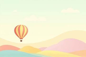 Playful vector illustration of a hot air balloon floating above pastel hills