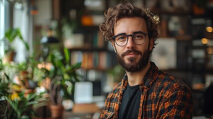 Fototapeta premium Confident young man with beard and glasses in cozy workspace surrounded by greenery