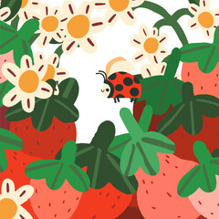 Cute ladybug flies around strawberries and flowers. Template for a postcard, poster or inscription