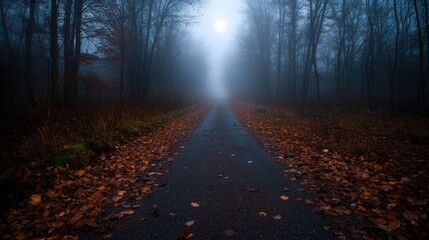 Obraz premium Foggy autumn forest road at night, moonlight