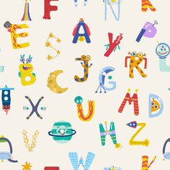 Cute seamless space themed letter pattern on beige background