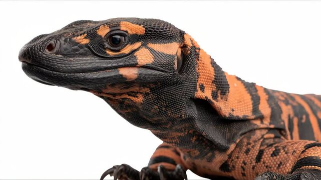 Close-up of a Gila Monster with black and orange markings and textured skin against a plain white background in studio lighting