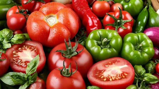 Fresh produce pile. Tomatoes, peppers, basil, and onions. Vibrant and colorful assortment of raw ingredients for cooking