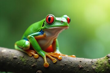 Green tree frog perched on white, vibrant detail, legs, zoology, tree frog