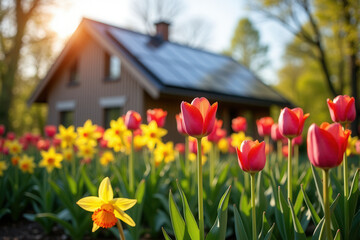 Fototapeta premium Modern Solar Homes in Spring and Summer Landscapes ,Eco-Friendly Living and Renewable Energy Concepts.