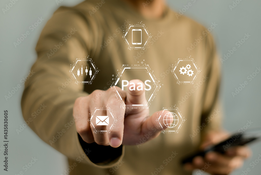 Poster paas, platform as a service concept. cloud computing service on software platform. businessman holdi