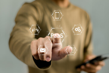 PaaS, Platform as a Service concept. Cloud computing service on software platform. Businessman...