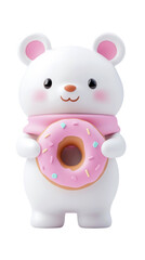 White 3d polar bear holding a donut with pink icing isolated