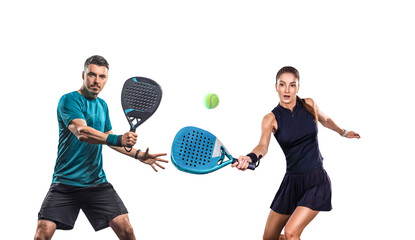 Family team. Group of two padel tennis players with racket. Woman and man athletes with paddle...