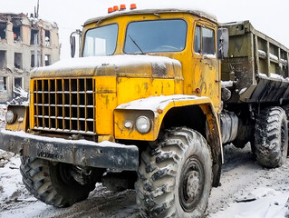 Old yellow dump truck covered with snow standing near a partially destroyed building in a winter urban demolition site