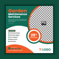 Lawn, Garden, and landscape maintenance service social media post design. Lawnmower square flyer template, Agricultural and farming service social media post template