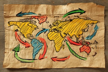 Colorful Illustrated World Map with Arrows and Textures on Paper