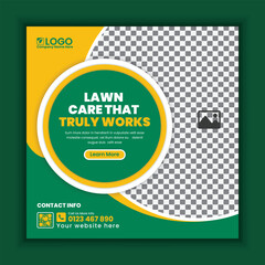 Lawn, Garden, and landscape maintenance service social media post design. Lawnmower square flyer template, Agricultural and farming service social media post template